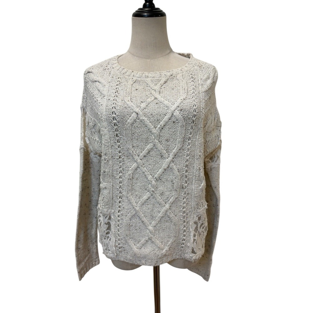 Hollister Women's Cable Knit Sweater Lace Sz L Boho Grunge Soft Girl